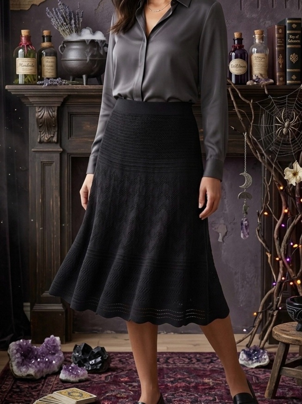 Coldwater Creek Black Cotton Pointelle Crochet Knit Midi Skirt PXL 18